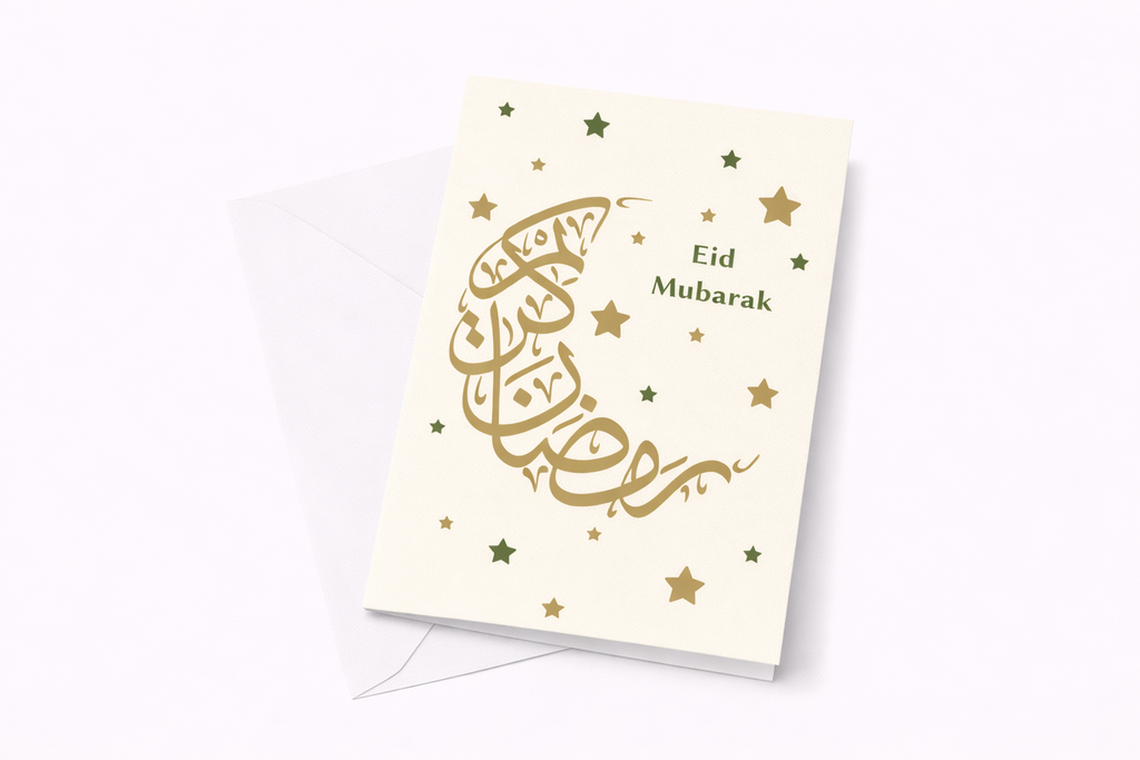 Elegant Eid Mubarak Crescent Calligraphy Greeting Card