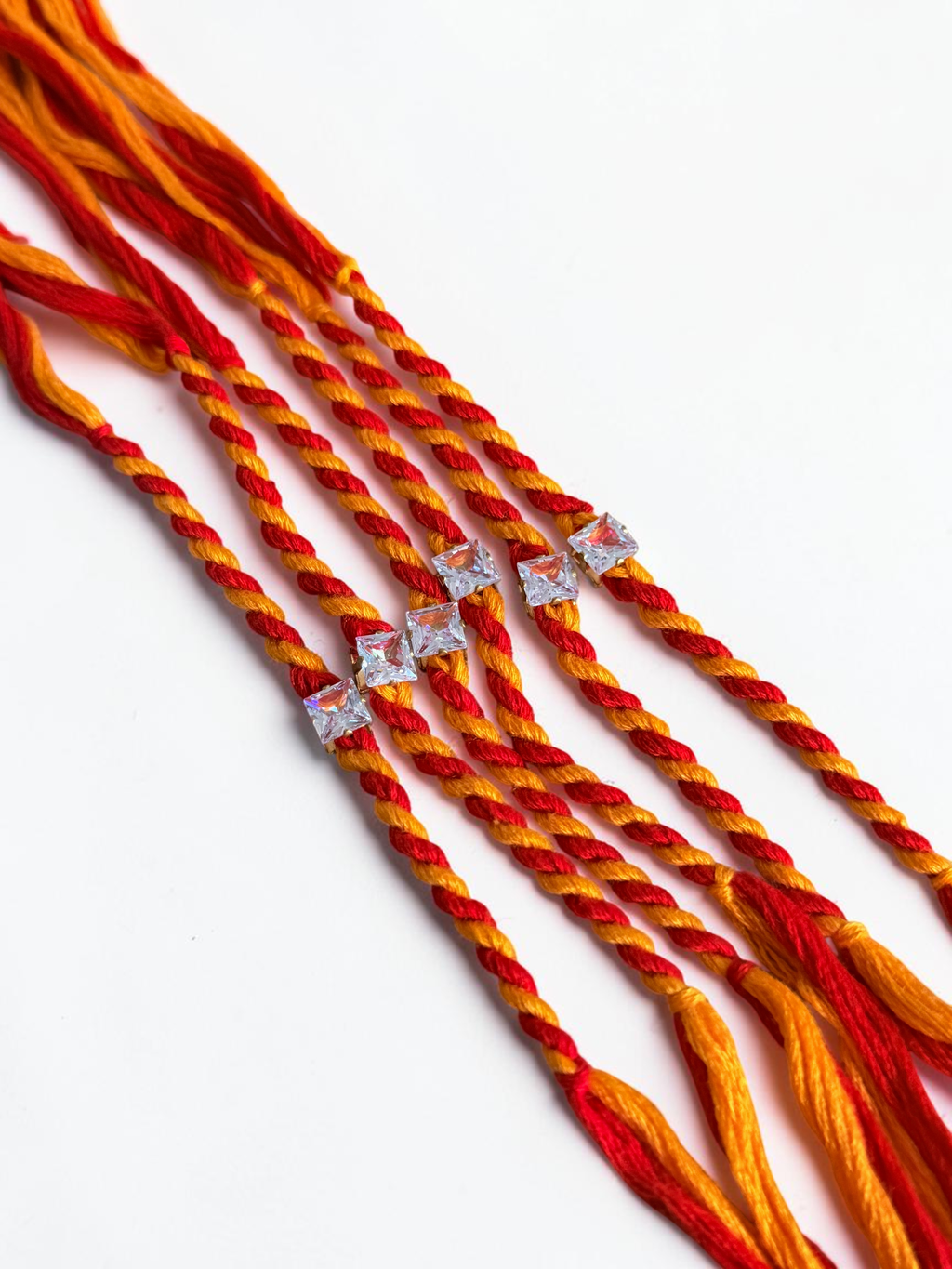 Set of 6 Traditional Rakhis – Red & Yellow Thread with Crystal Detail | Raksha Bandhan Gift for Brothers