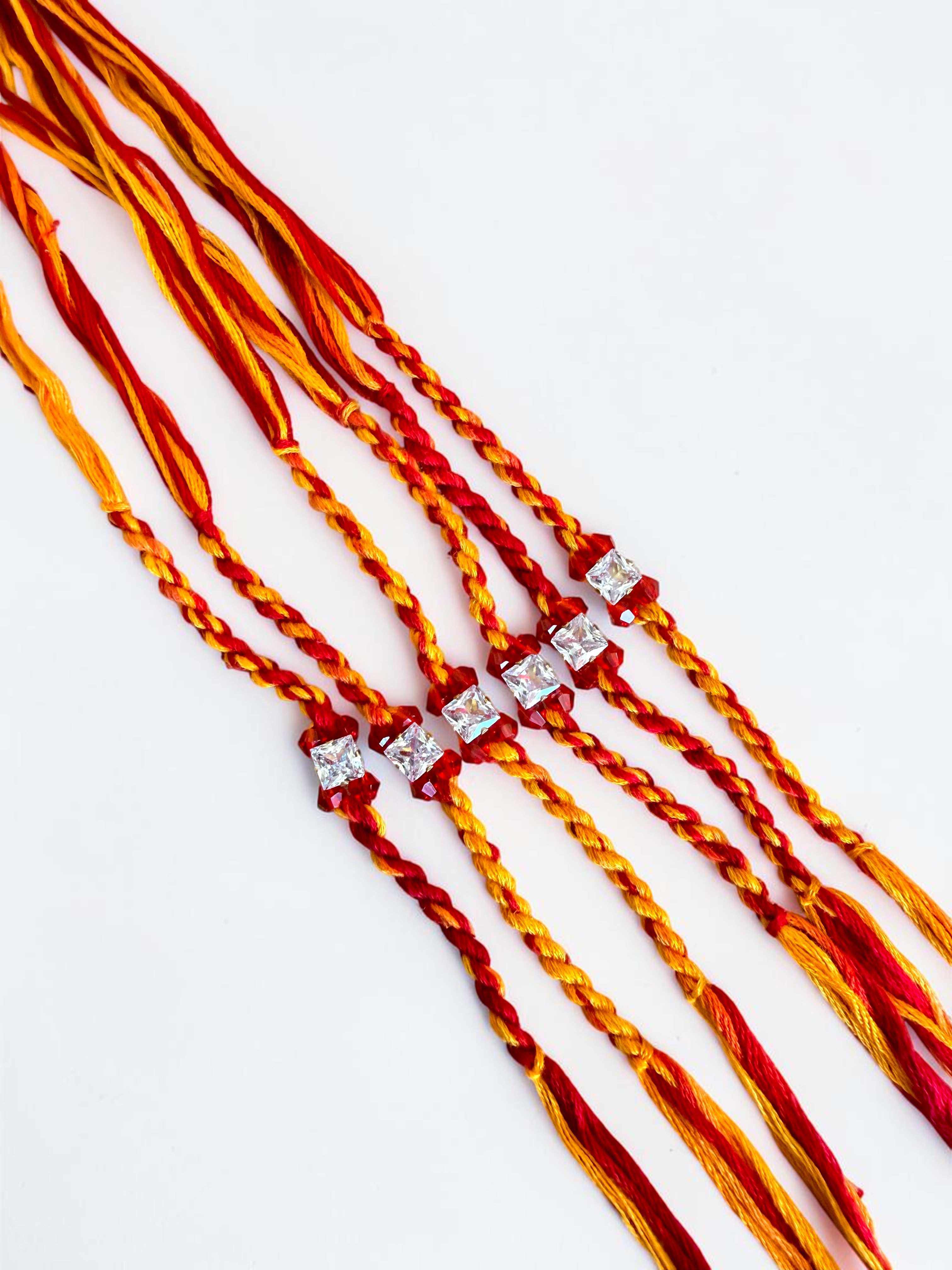 Set of 6 Traditional Rakhis – Red & Yellow Thread with Crystal Detail | Raksha Bandhan Gift for Brothers