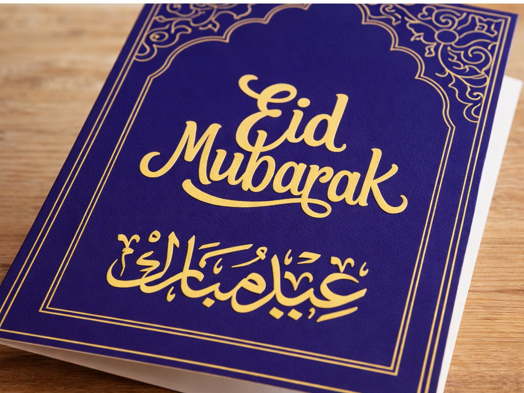 Luxury Eid Mubarak Greeting Card – Elegant Gold & Blue Islamic Design