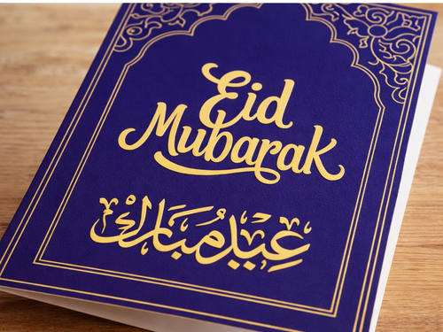 Luxury Eid Mubarak Greeting Card – Elegant Gold & Blue Islamic Design